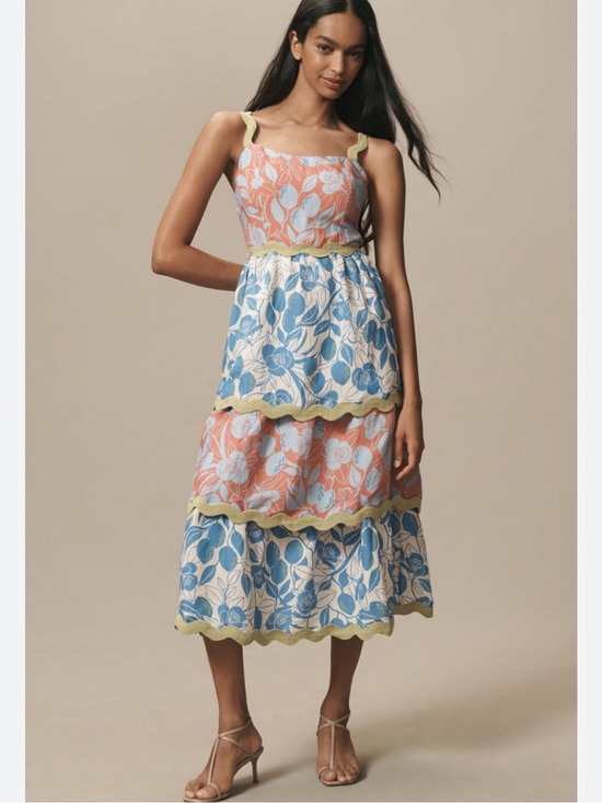 FARM Rio Dresses & Skirts - Anthropologie FARM Rio Linen Blend Tiered Ric Rac Midi Dress